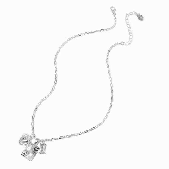 Claire's Silver-tone Mixed Charm Necklace: Heart, Sunburst Rectangle, Rhinestone - Picture 2 of 8